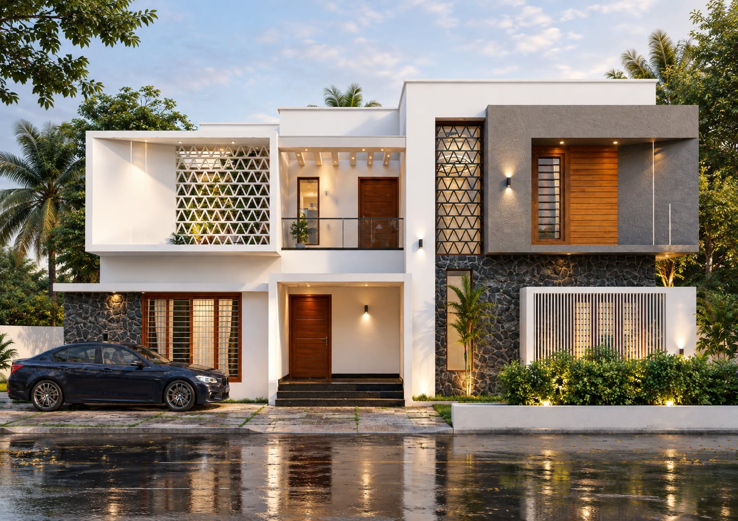 3D design of a two-storey home with triangular lattice screens, rubble stone cladding and timber doors