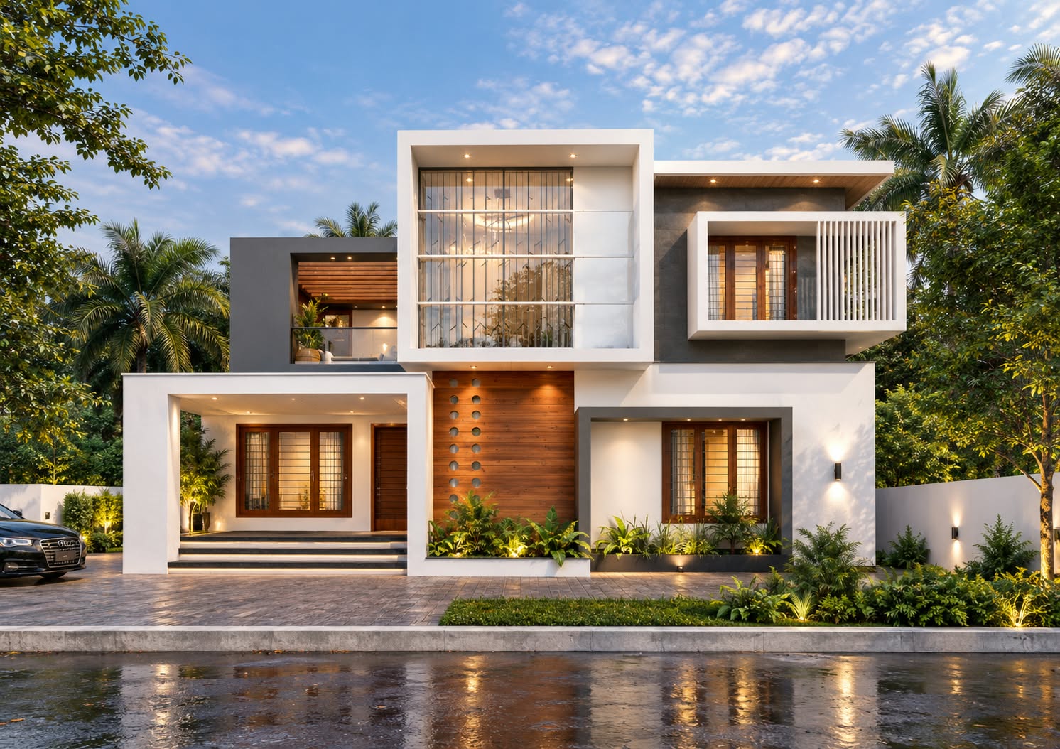 3D design of a contemporary home with projecting white frames, a tall glazed bay and a timber feature wall